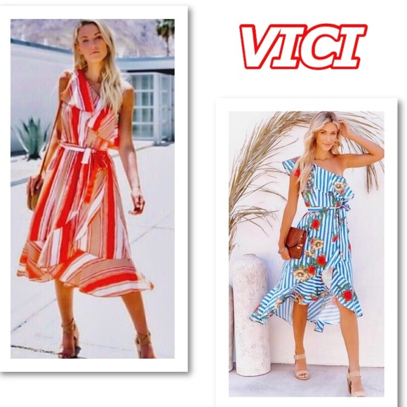 VICI stripe, ruffle one shoulder faux wrap midi dress. w/sash tie M ⚡️FLASH SALE - Picture 5 of 16